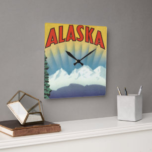 Vintage Alaska Travel Poster Art, Scenic Landscape Square Wall Clock