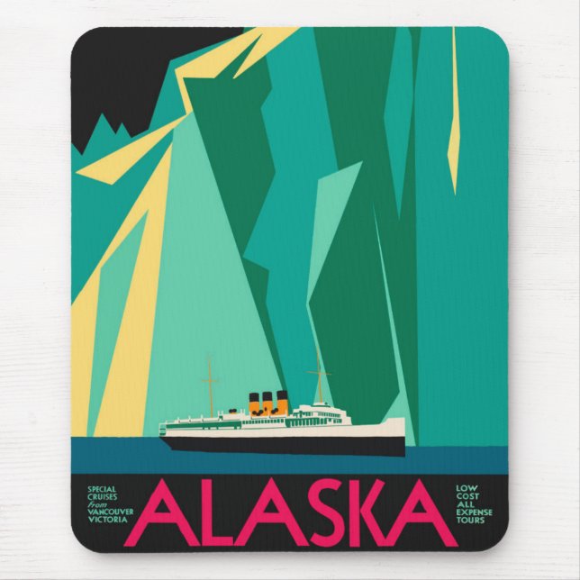 Vintage Alaska Travel Poster Art, Taku Glacier Mouse Pad (Front)