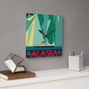 Vintage Alaska Travel Poster Art, Taku Glacier Square Wall Clock