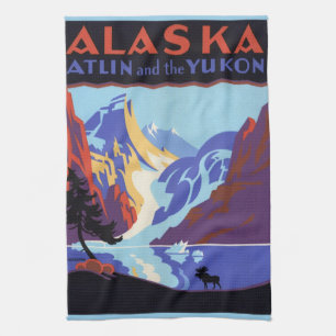 Vintage Alaska Travel Poster, Atlin and the Yukon Kitchen Towel