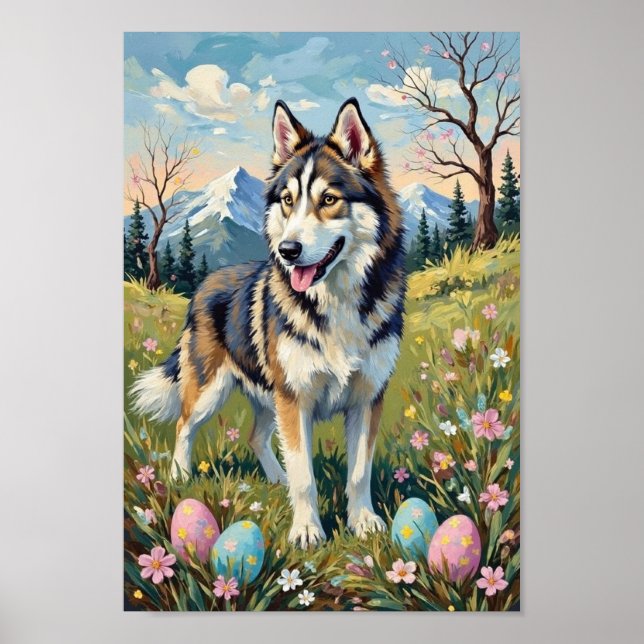 Vintage Alaskan Malamute Easter Spring Art Poster (Front)