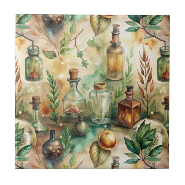 Vintage Alchemy Bottles Botanical Green Tile (Front)