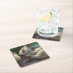 Vintage Alexander Koester Four Ducks at the Pond  Square Paper Coaster