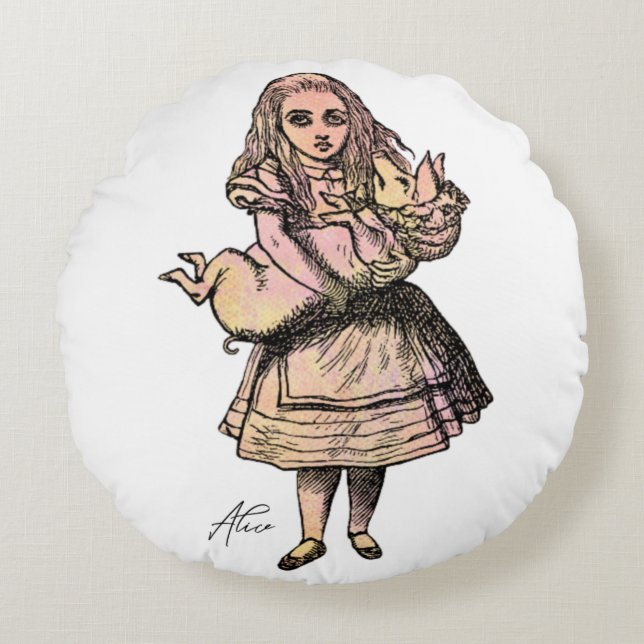 Vintage Alice and Pig Round Pillow (Front)