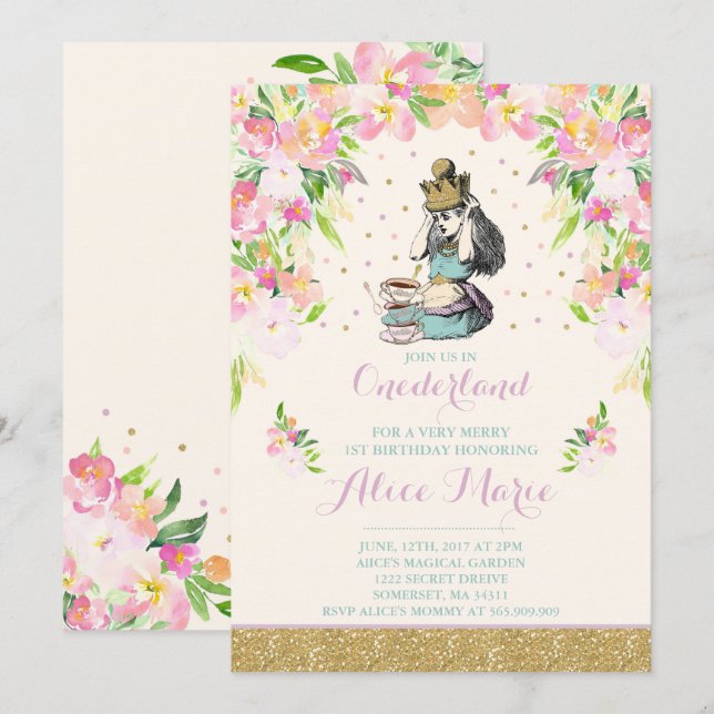Vintage Alice In ONEderland Birthday Invitation (Front/Back)