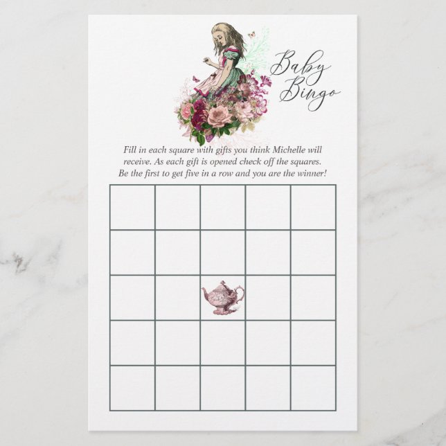 Vintage Alice In Wonderland Baby Shower Bingo (Front)