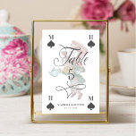 Vintage Alice in Wonderland Mad Hatter Character Table Number<br><div class="desc">Beautifully designed vintage Alice in Wonderland-themed wedding table number signs. Perfect for an Alice in Wonderland-themed wedding. We've meticulously restored the iconic Alice in Wonderland vintage mad hatter character illustration by hand sketching it and bringing them to life with beautiful watercolor undertones. The table number is designed like a playing...</div>