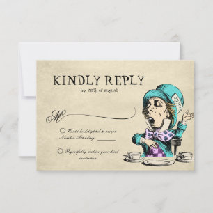 Vintage Alice in Wonderland Mad Hatter Wedding RSVP Card