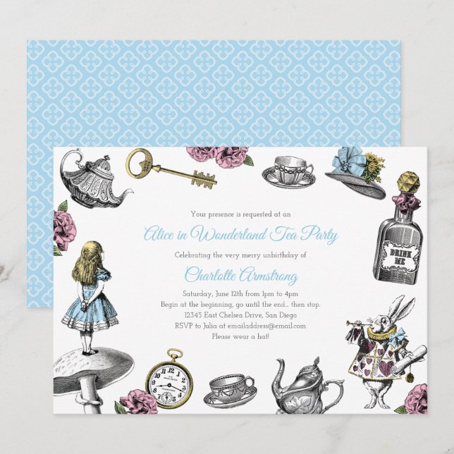 Vintage Alice in Wonderland Tea Party Invitation (Front/Back)
