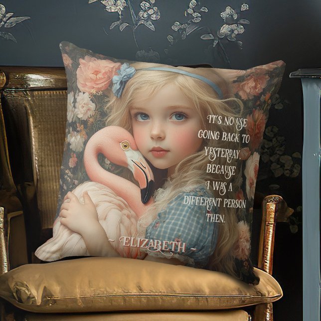 Vintage Alice in Wonderland with Pink Flamingo Throw Pillow (Creator Uploaded)