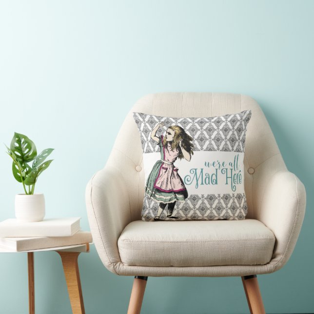 Vintage Alice Mad Here Throw Pillow (Chair)