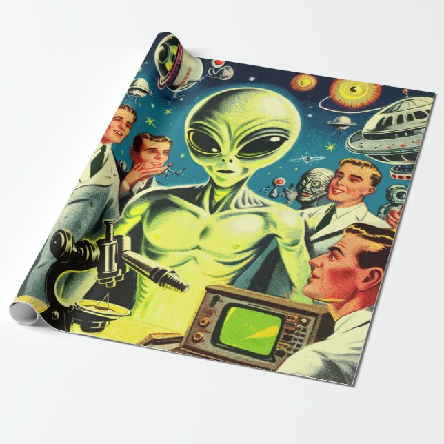Vintage Alien Science Fiction Comics Wrapping Paper (Unrolled)