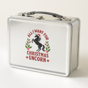 Vintage All I Want for Christmas Is a Unicorn Funn Metal Lunch Box
