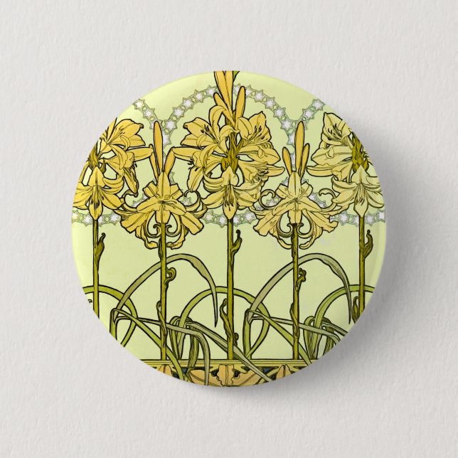 Vintage Alphonse Mucha Art Nouveau Lily Pattern 2 Inch Round Button (Front)