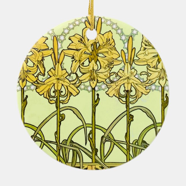 Vintage Alphonse Mucha Art Nouveau Lily Pattern Ceramic Ornament (Back)