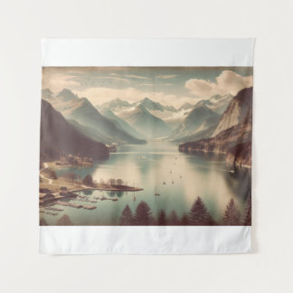 Vintage Alpine Lake Landscape Tapestry