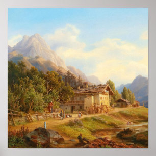 Vintage Alpine Mountain Cottage Oil Painting Poster