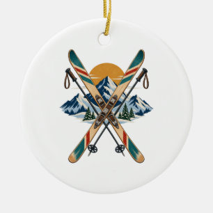 Vintage Alpine Skis Ceramic Circle Ornament