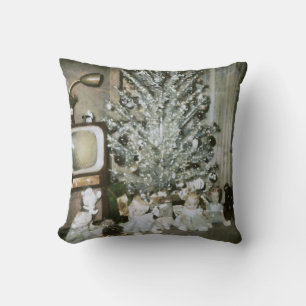 Vintage Aluminium Christmas Tree, Old Dolls Toys Throw Pillow