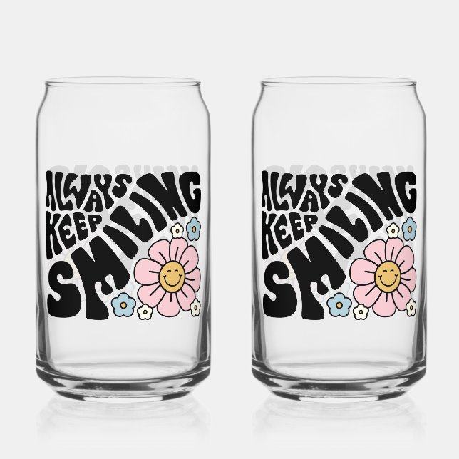 Vintage "Always Keep Smiling" Daisy Graphic Can Glass (Front)