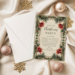Vintage Amaryllis and Holly Christmas Invitation