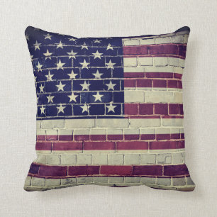 Vintage America flag on a brick wall Throw Pillow