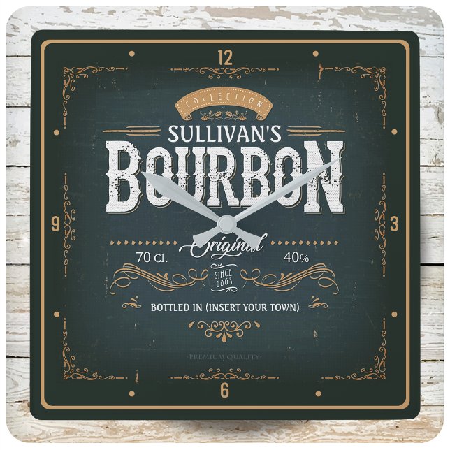 Vintage American Bourbon Personalized Whiskey Bar Square Wall Clock (Creator Uploaded)