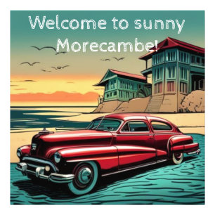 Vintage American car beachside. Editable text Photo Print