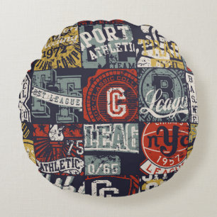 Vintage American college sporting badges patchwork Round Pillow