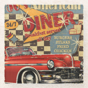 Vintage American Diner poster: retro style Glass Coaster