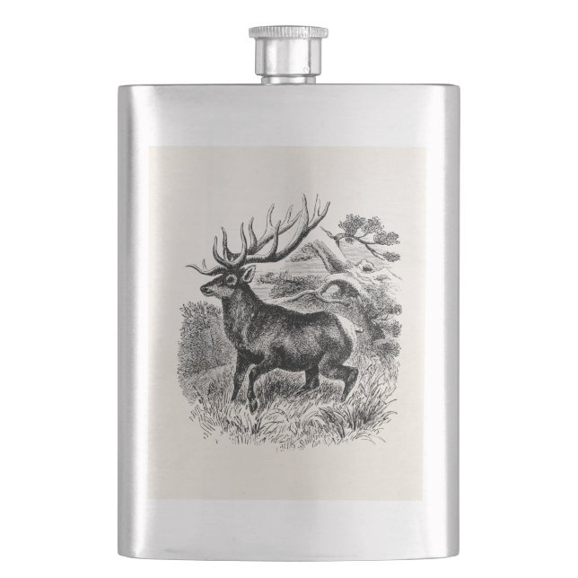Vintage American Elk Personalized Old Illustration Hip Flask (Front)