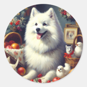 Vintage American Eskimo Painting Classic Round Sticker