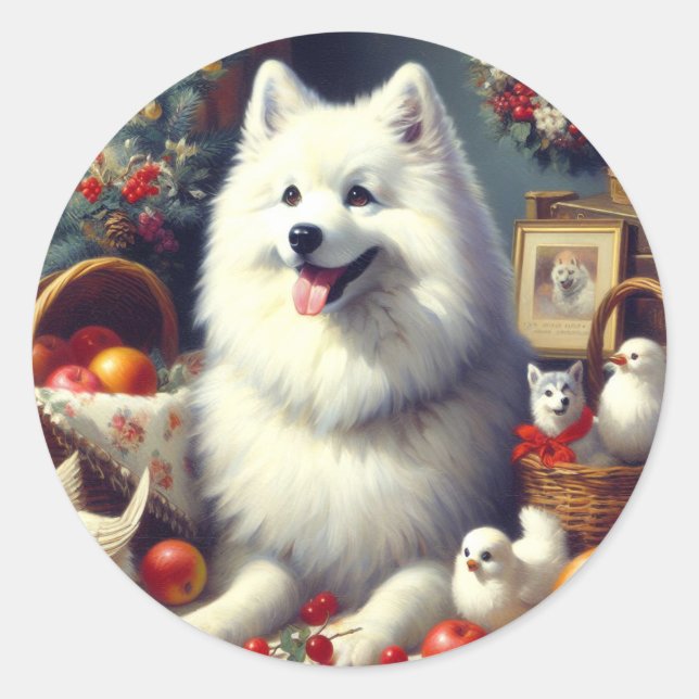 Vintage American Eskimo Painting Classic Round Sticker (Front)
