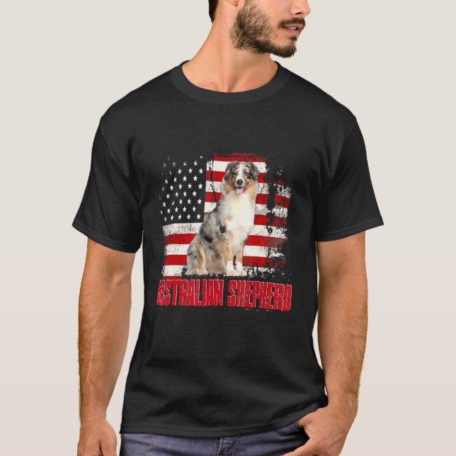 Vintage American Flag Australian Shepherd Dog T-Shirt (Front)