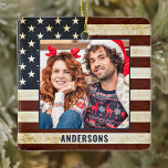 Vintage American Flag Custom 2 Photo Patriotic Ceramic Ornament<br><div class="desc">Vintage American Flag Christmas Ornament. This patriotic stars and stripes usa flag christmas ornament will be a treasured keepsake. Ornament is double sided, you can do 2 favorite photos, one on each side. Perfect for military, soldier Christmas ornament, military veteran, patriotic family. Personalize name on the front, and date on...</div>