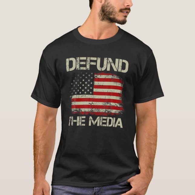 Vintage American Flag Defund The Media T-Shirt (Front)