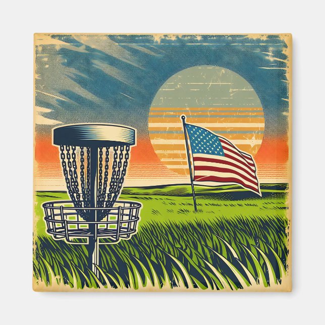 Vintage American Flag Disc Golf Vintage Sun Magnet (Front)