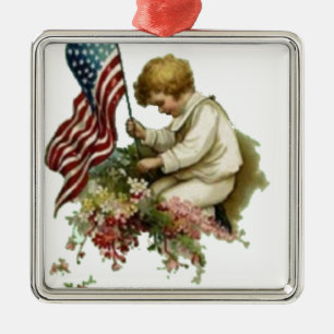 Vintage American Flag Little Boy Memorial Day Metal Ornament