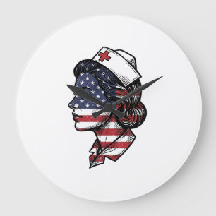 Vintage American Flag Nurse Profile Vector Design_ Large Clock