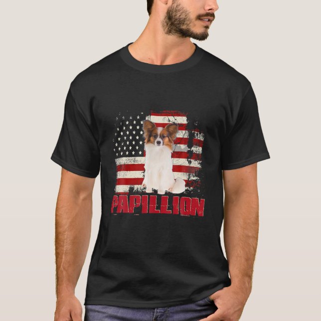 Vintage American Flag Papillion Dog Lover T-Shirt (Front)
