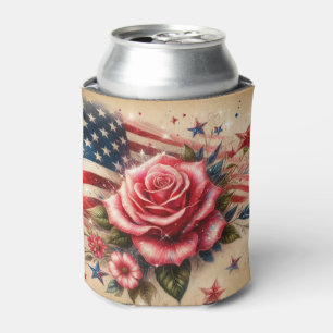 Vintage American Flag, Roses and Stars Can Cooler