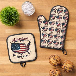 Vintage American Flag USA Map Distressed Art Oven Mitt & Pot Holder Set