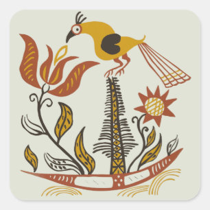 Vintage American Folk Art Tulip Bird Custom Colour Square Sticker