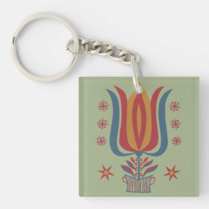 Vintage American Folk Art Tulip Floral Decor Keychain