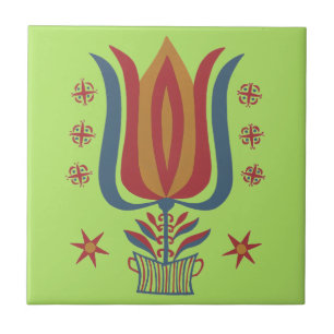 Vintage American Folk Art Tulip Floral Decor Tile