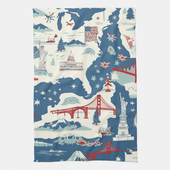 Vintage American Landmark Pattern (2) Kitchen Towel (Vertical)