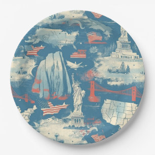 Vintage American Landmark Pattern (3) Paper Plate