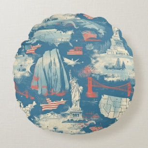 Vintage American Landmark Pattern (3) Round Pillow