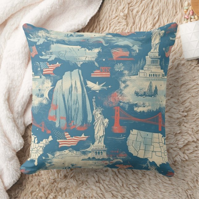 Vintage American Landmark Pattern (3) Throw Pillow (Blanket)