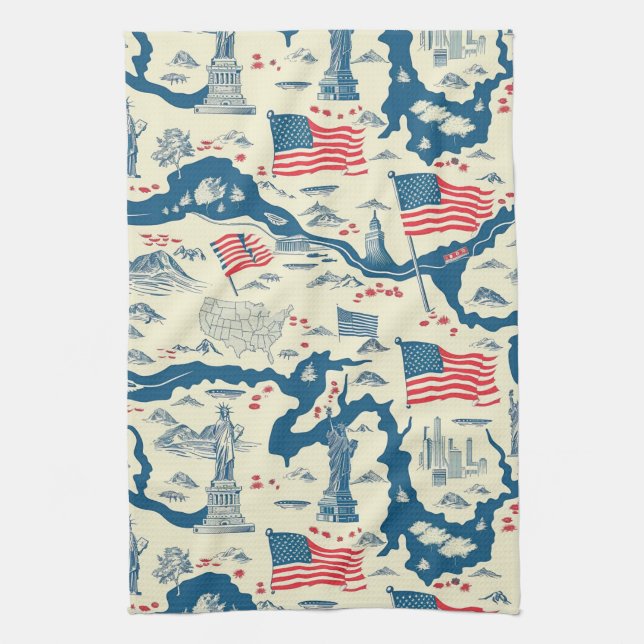 Vintage American Landmark Pattern (4) Kitchen Towel (Vertical)